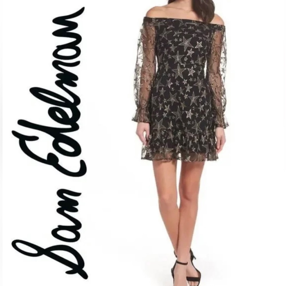 NWOT Sam Edelman Women’s Star Embroidery Off The Shoulder Dress SZ 4 ✨🖤⭐️